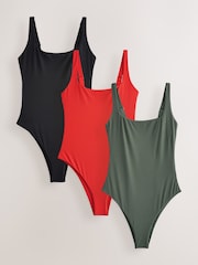 Red/Khaki Green/Black Rib Square Neck Swimsuits 3 Pack - Image 1 of 7