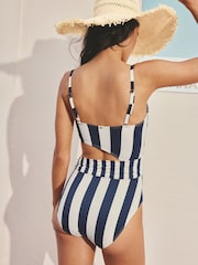 海藍／乳白條紋 - 鏤空繫帶腰帶平口收腹泳裝 - 圖片 4，共 9
