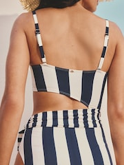 海藍／乳白條紋 - 鏤空繫帶腰帶平口收腹泳裝 - 圖片 5，共 9