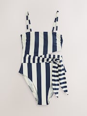 海藍／乳白條紋 - 鏤空繫帶腰帶平口收腹泳裝 - 圖片 7，共 9