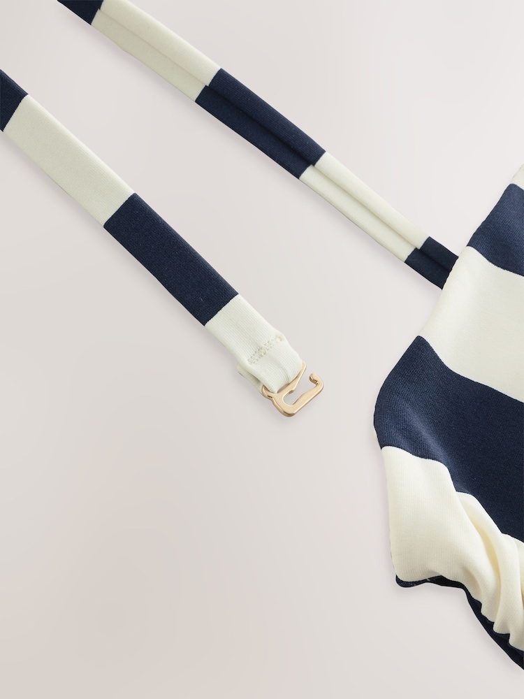 海藍／乳白條紋 - 鏤空繫帶腰帶平口收腹泳裝 - 圖片 9，共 9