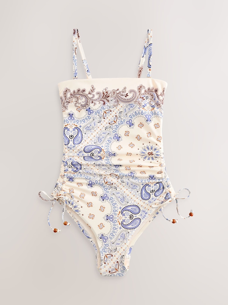 Cream/Blue Paisley Bandeau Ruched Leg Tummy Control Shaping Swimsuit - Image 1 of 4