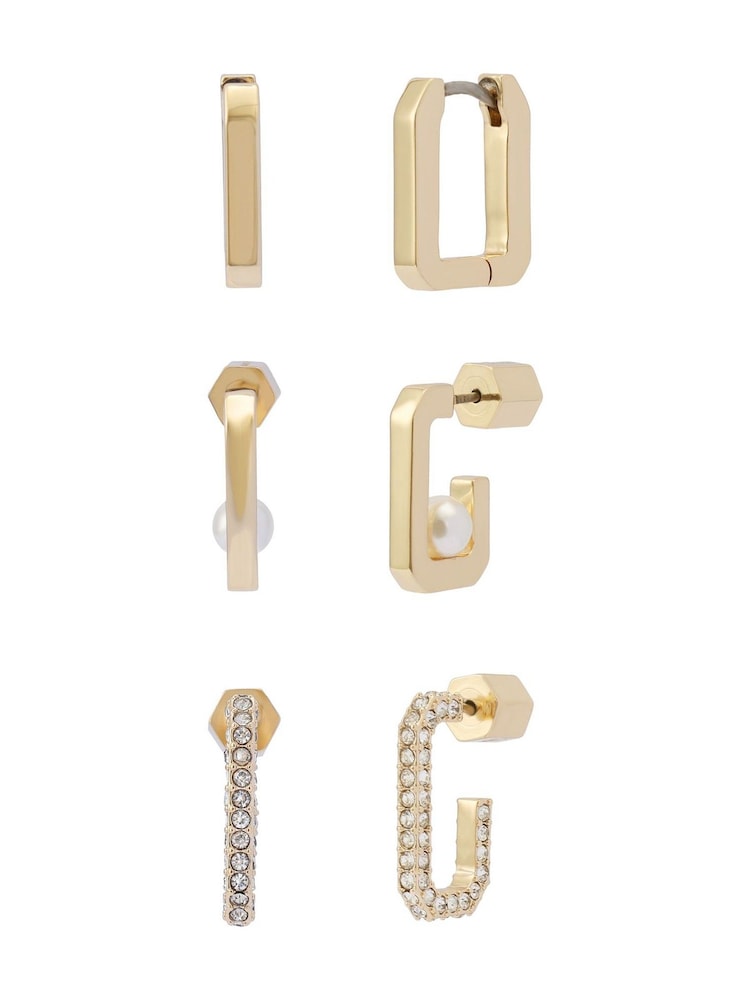 AllSaints Gold Plated Pearl Pavé Hoop Earrings Set - Image 1 of 4