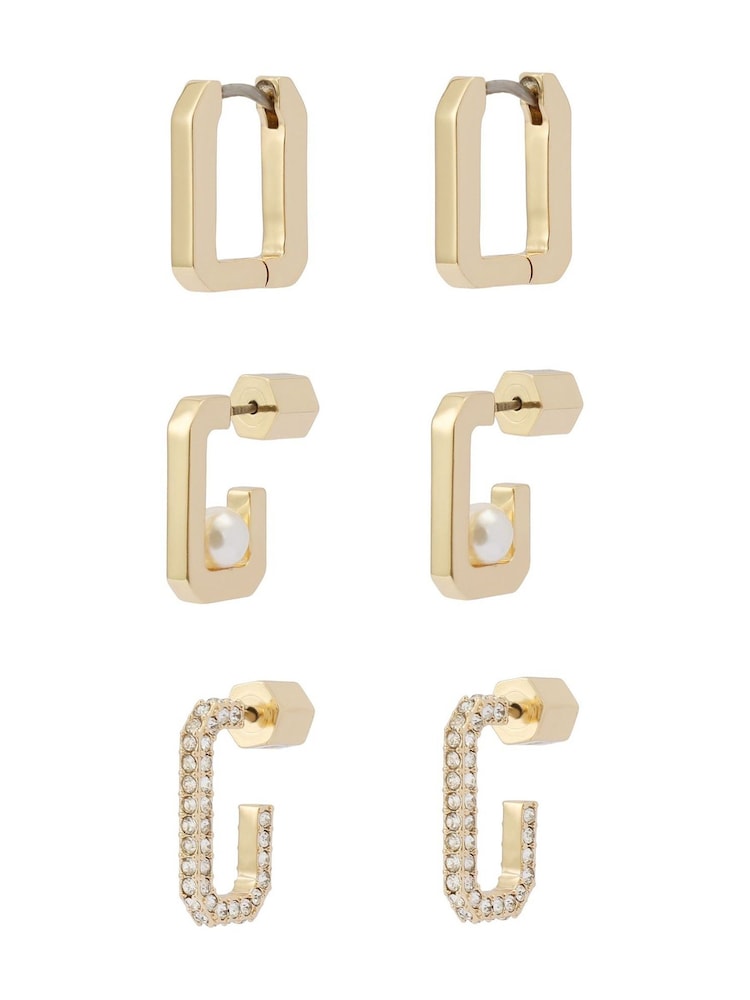 AllSaints Gold Plated Pearl Pavé Hoop Earrings Set - Image 2 of 4