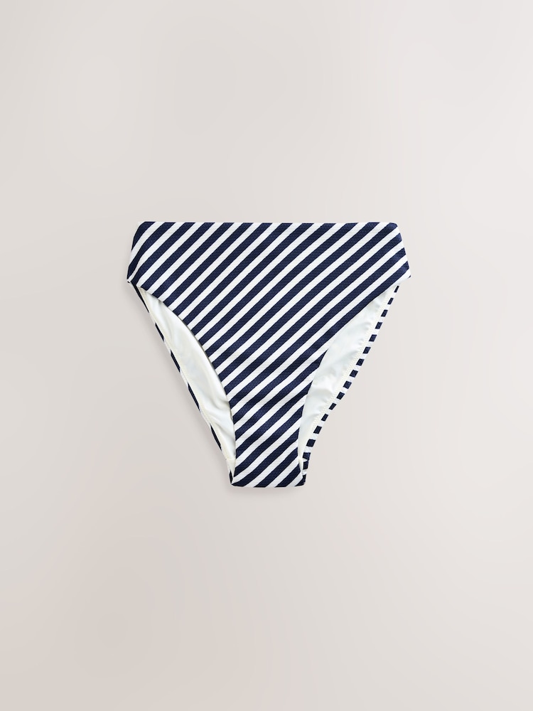 White/Blue Pique Stripe High Waist Bikini Bottoms - Image 1 of 4 White/Blue Pique Stripe High Waist Bikini Bottoms - Image 1 of 4