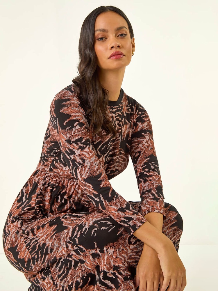 Roman Pink Abstract Print Pocket Stretch Midi Dress - Image 1 of 5 Roman Pink Abstract Print Pocket Stretch Midi Dress - Image 1 of 5