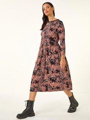 Roman Pink Abstract Print Pocket Stretch Midi Dress - Image 2 of 5