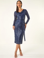 Roman Blue Sequin Cowl Neck Stretch Dress - Image 2 of 5