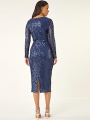 Roman Blue Sequin Cowl Neck Stretch Dress - Image 3 of 5