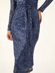 Roman Blue Sequin Cowl Neck Stretch Dress - Image 5 of 5