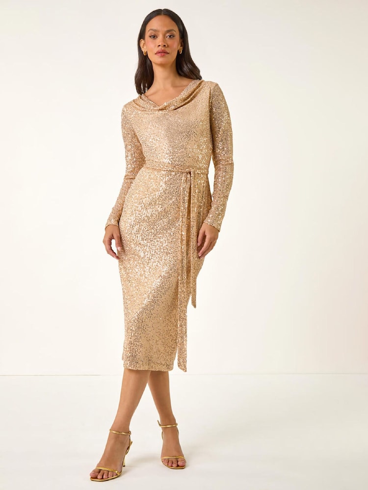 Roman Metallic Sequin Cowl Neck Stretch Dress - Image 2 of 5 Roman Metallic Sequin Cowl Neck Stretch Dress - Image 2 of 5