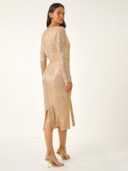 Roman Metallic Sequin Cowl Neck Stretch Dress - Image 3 of 5