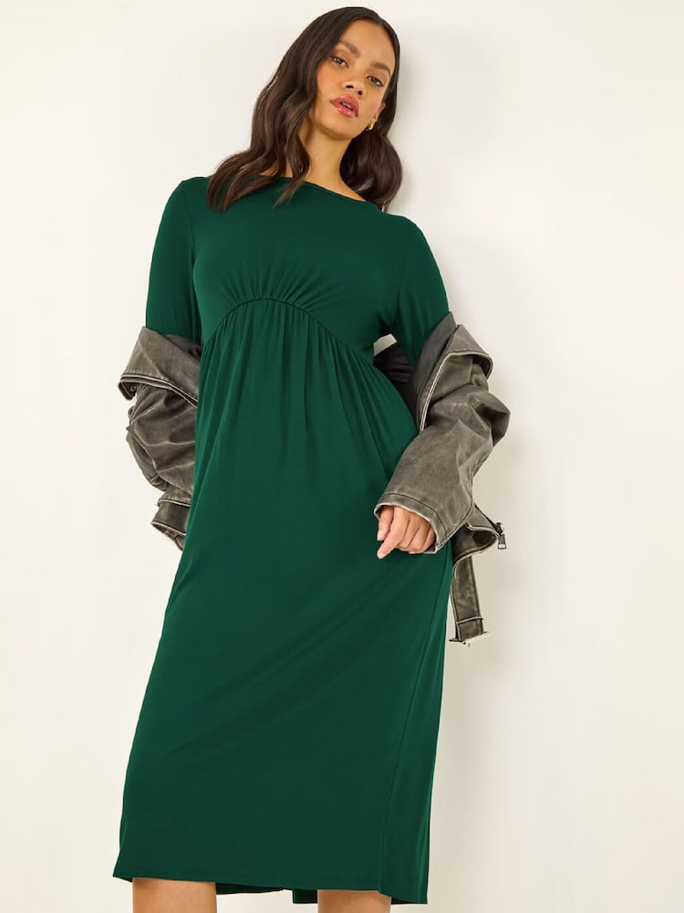 Roman Green Gathered Pocket Stretch Midi Dress - Image 1 of 5 Roman Green Gathered Pocket Stretch Midi Dress - Image 1 of 5