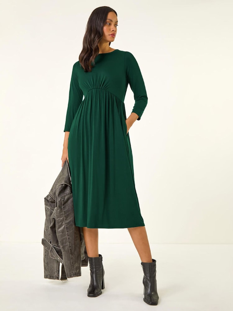 Roman Green Gathered Pocket Stretch Midi Dress - Image 2 of 5 Roman Green Gathered Pocket Stretch Midi Dress - Image 2 of 5