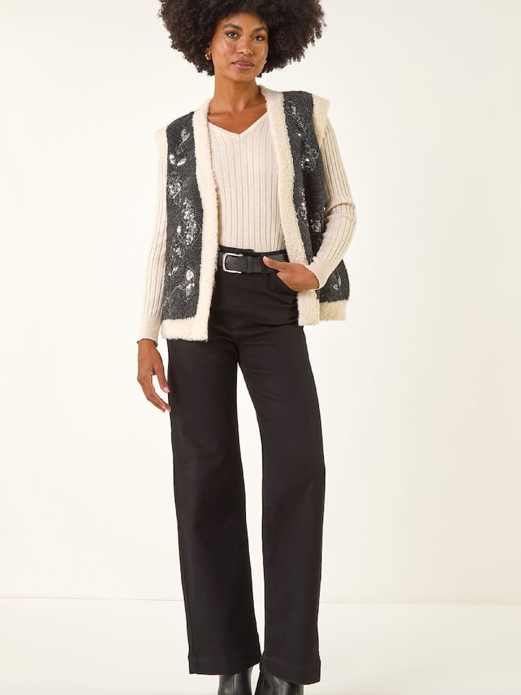 Roman Black Fur Trim Embroidered Knit Waistcoat - Image 2 of 5 Roman Black Fur Trim Embroidered Knit Waistcoat - Image 2 of 5