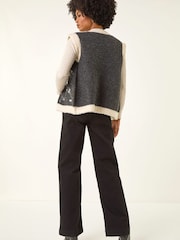 Roman Black Fur Trim Embroidered Knit Waistcoat - Image 3 of 5