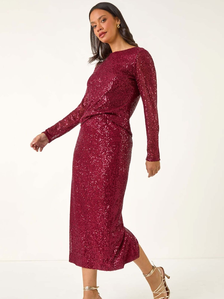 Roman Red Sequin Long Sleeve Stretch Blouse - Image 2 of 5 Roman Red Sequin Long Sleeve Stretch Blouse - Image 2 of 5