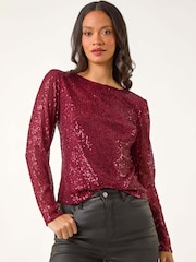 Roman Red Sequin Long Sleeve Stretch Blouse - Image 4 of 5