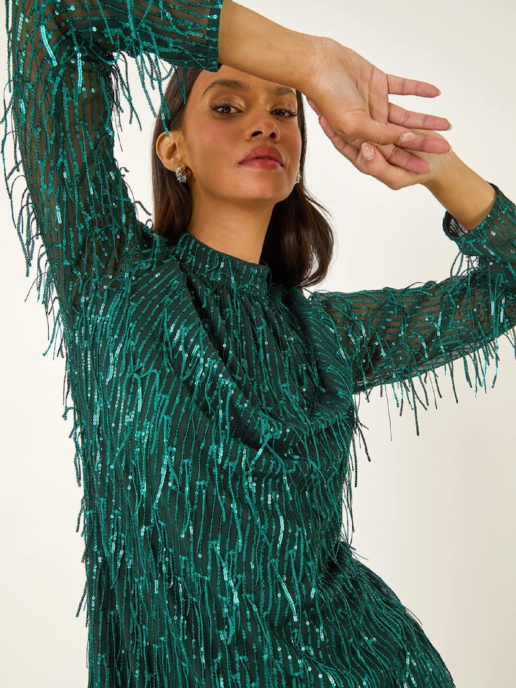 Roman Green All Over Fringe Shift Dress - Image 1 of 5 Roman Green All Over Fringe Shift Dress - Image 1 of 5