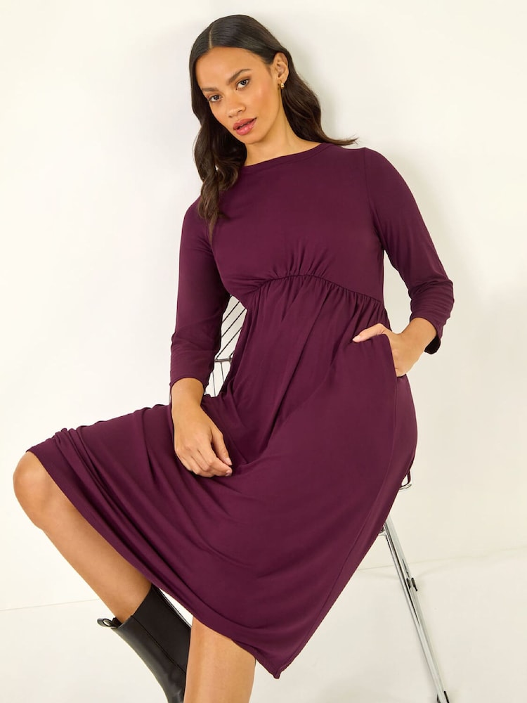 Roman Purple Gathered Pocket Stretch Midi Dress - Image 1 of 5 Roman Purple Gathered Pocket Stretch Midi Dress - Image 1 of 5