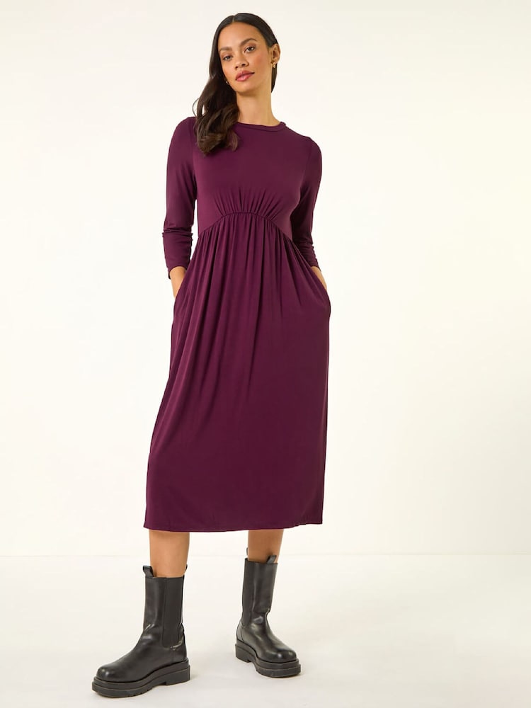 Roman Purple Gathered Pocket Stretch Midi Dress - Image 2 of 5 Roman Purple Gathered Pocket Stretch Midi Dress - Image 2 of 5