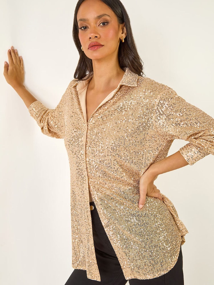 Roman Metallic Sequin Button Through Stretch Shirt - Image 1 of 5 Roman Metallic Sequin Button Through Stretch Shirt - Image 1 of 5