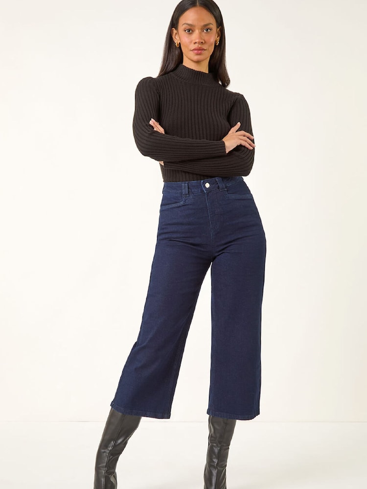 Roman Blue Denim Pocket Detail Wide Leg Trousers - Image 1 of 5 Roman Blue Denim Pocket Detail Wide Leg Trousers - Image 1 of 5