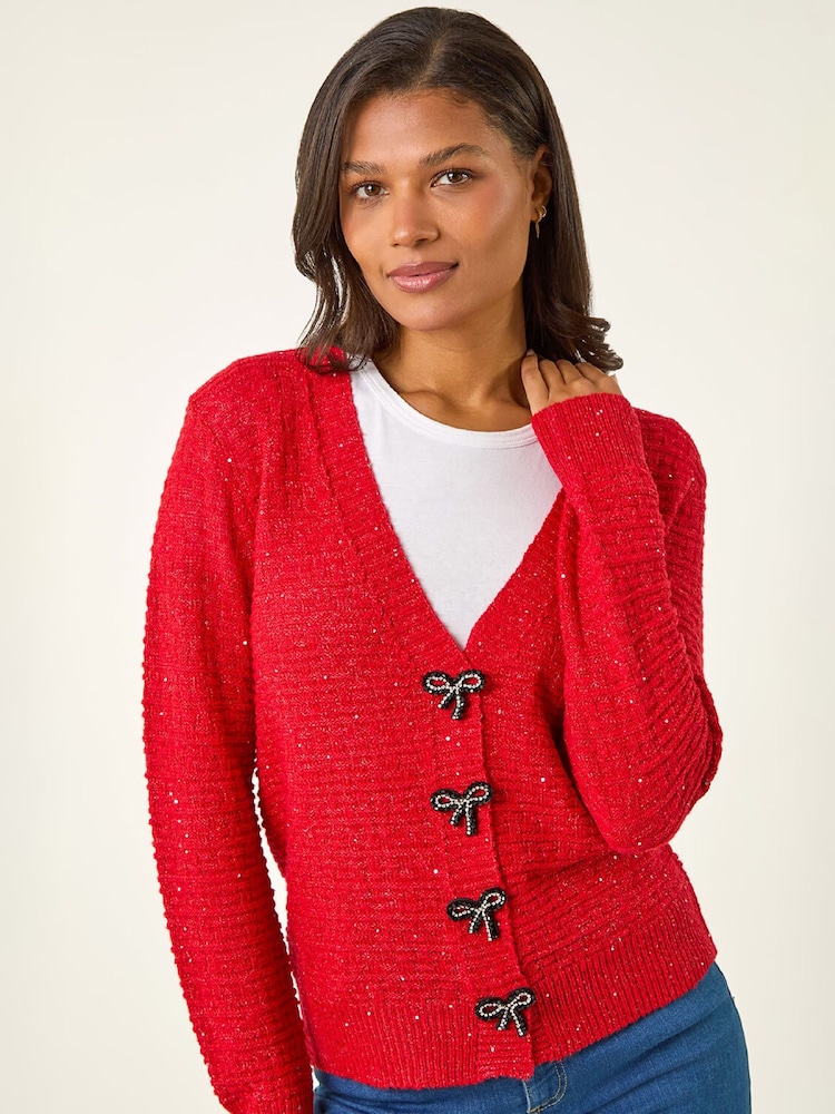 Roman Red Bow Embellished Sequin Knit Cardigan - Image 1 of 5 Roman Red Bow Embellished Sequin Knit Cardigan - Image 1 of 5