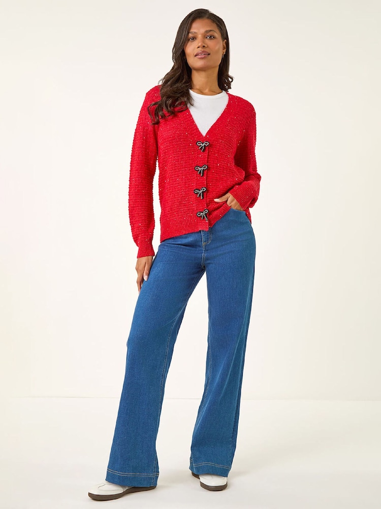 Roman Red Bow Embellished Sequin Knit Cardigan - Image 2 of 5 Roman Red Bow Embellished Sequin Knit Cardigan - Image 2 of 5