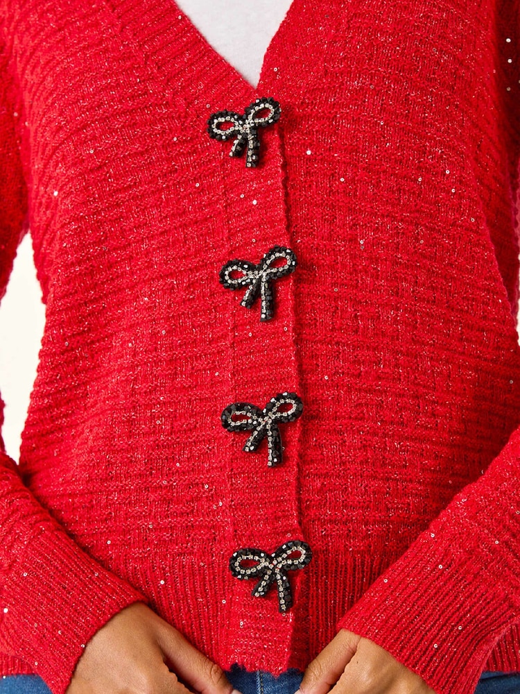 Roman Red Bow Embellished Sequin Knit Cardigan - Image 5 of 5 Roman Red Bow Embellished Sequin Knit Cardigan - Image 5 of 5