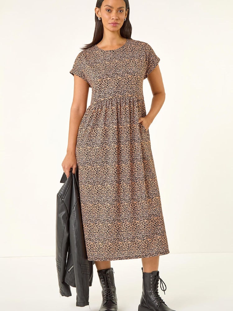 Roman Brown Leopard Print Midi Stretch Dress - Image 2 of 5 Roman Brown Leopard Print Midi Stretch Dress - Image 2 of 5
