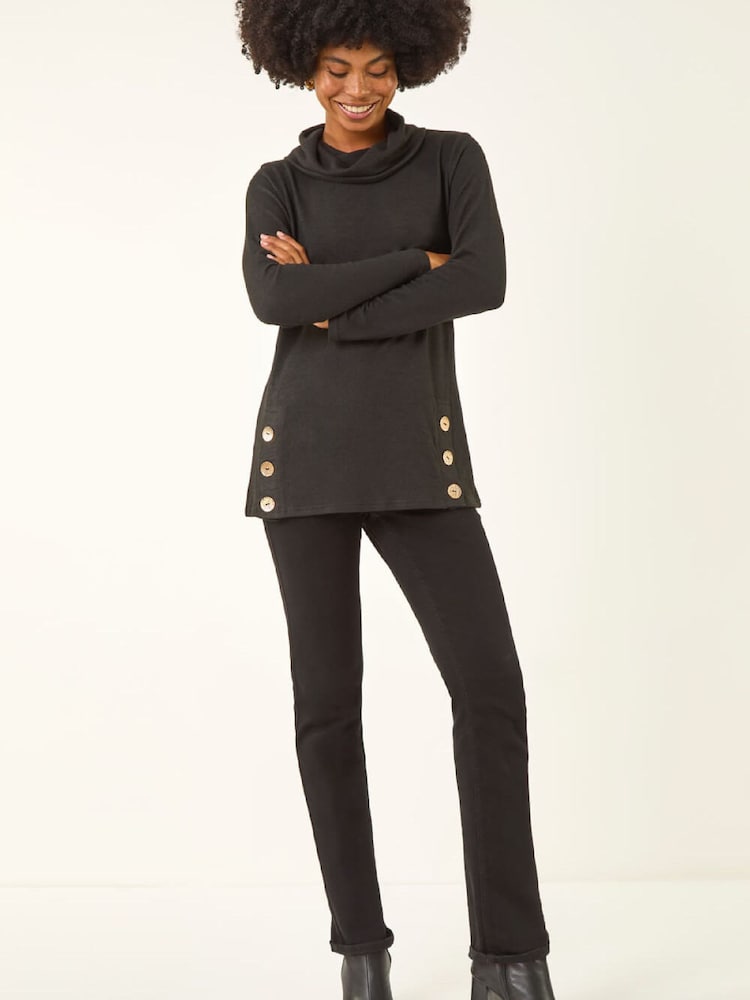 Roman Black High Neck Buttoned Tunic Top - Image 1 of 5 Roman Black High Neck Buttoned Tunic Top - Image 1 of 5
