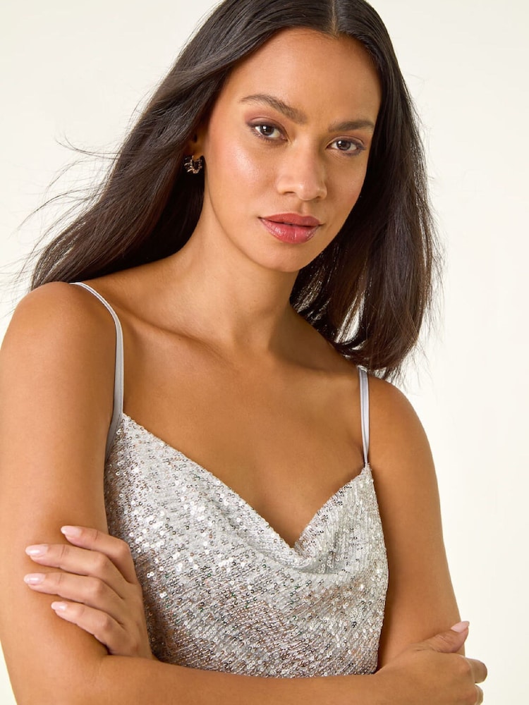Roman Metallic Silver Cowl Neck Sequin Cami Top - Image 1 of 5 Roman Metallic Silver Cowl Neck Sequin Cami Top - Image 1 of 5