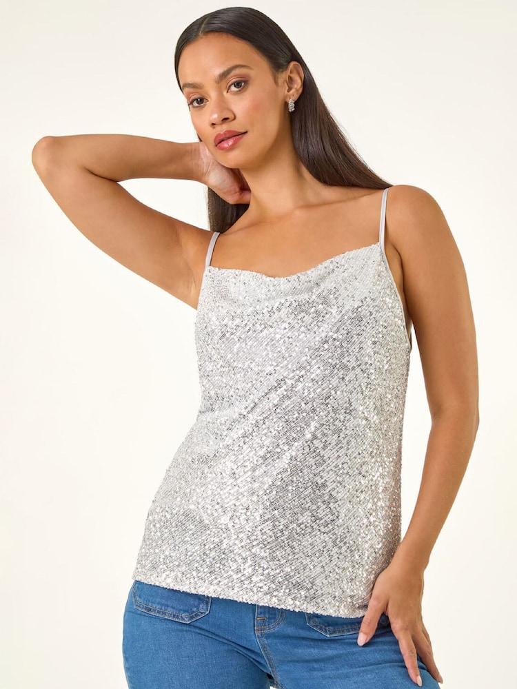 Roman Metallic Silver Cowl Neck Sequin Cami Top - Image 2 of 5 Roman Metallic Silver Cowl Neck Sequin Cami Top - Image 2 of 5