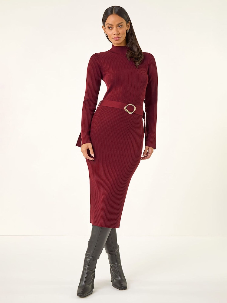 Roman Red Knitted Buckle Midi Dress - Image 2 of 5 Roman Red Knitted Buckle Midi Dress - Image 2 of 5