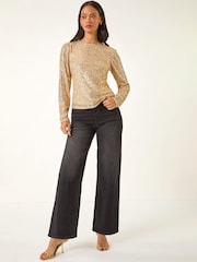 Roman Metallic Sequin Long Sleeve Stretch Blouse - Image 1 of 5