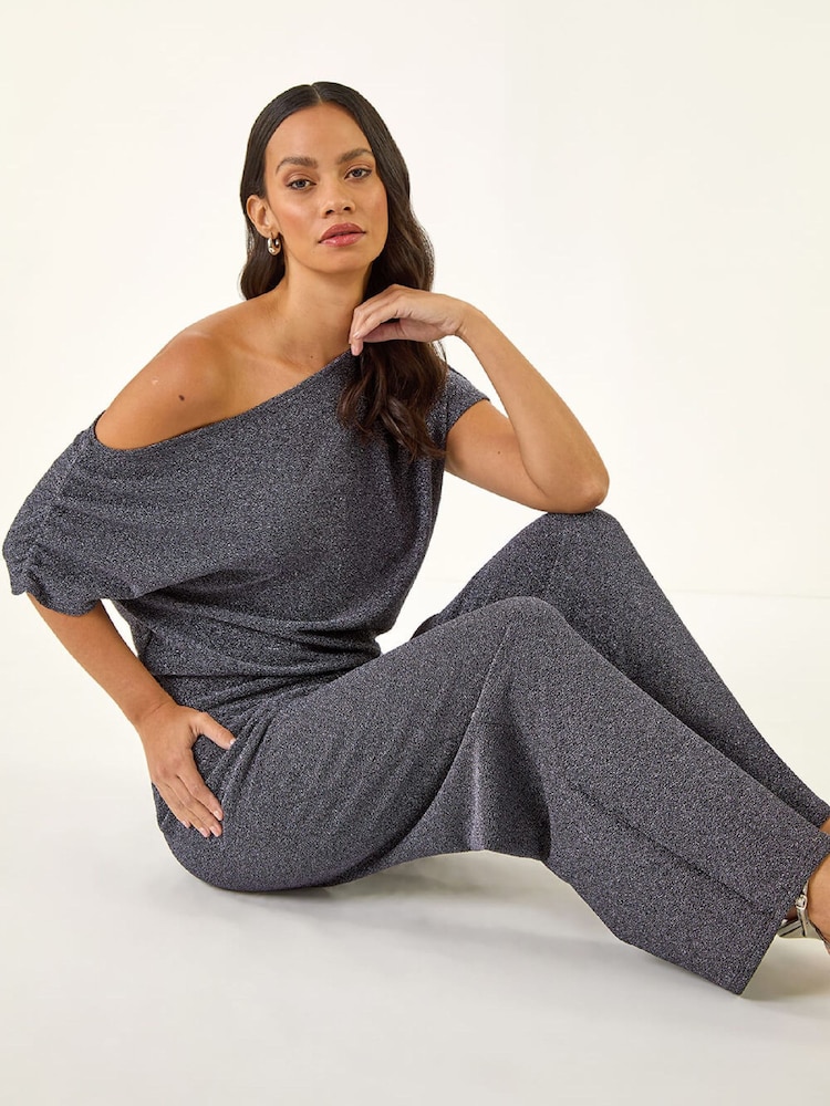 Roman Blue Metallic Wide Leg Trousers - Image 1 of 5 Roman Blue Metallic Wide Leg Trousers - Image 1 of 5