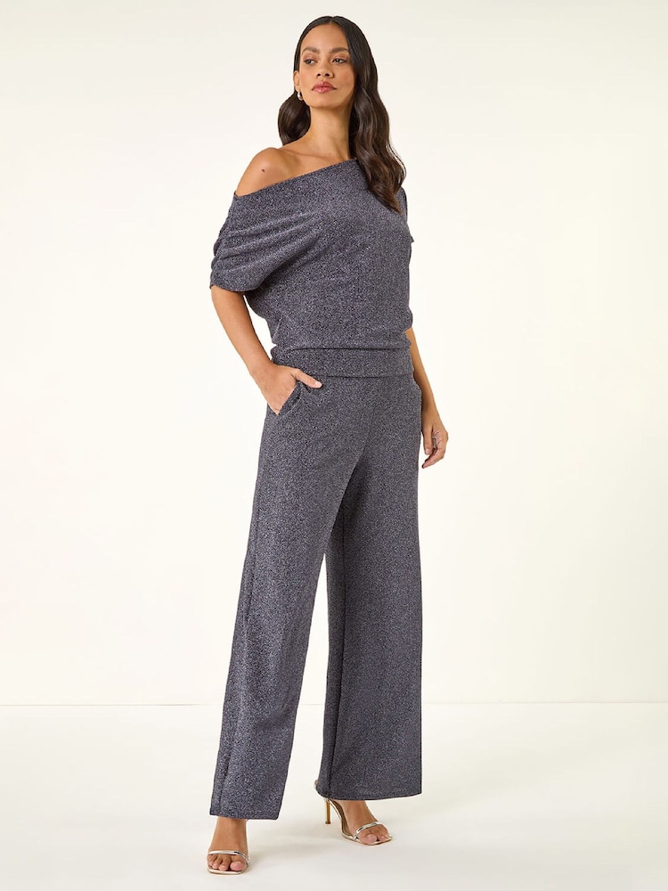 Roman Blue Metallic Wide Leg Trousers - Image 2 of 5 Roman Blue Metallic Wide Leg Trousers - Image 2 of 5