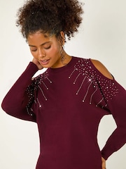 Roman Red Embellished Cold Shoulder Knit Jumper - Image 3 of 5