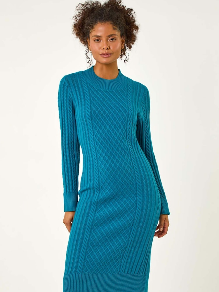 Roman Blue Cable Knit Midi Jumper Dress - Image 1 of 5 Roman Blue Cable Knit Midi Jumper Dress - Image 1 of 5