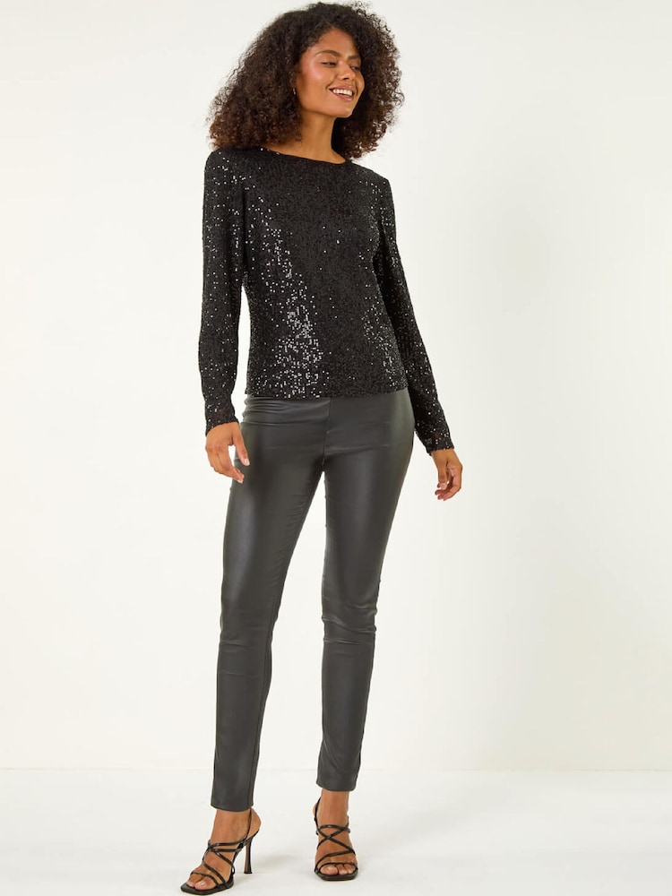 Roman Black Sequin Long Sleeve Stretch Blouse - Image 2 of 5 Roman Black Sequin Long Sleeve Stretch Blouse - Image 2 of 5