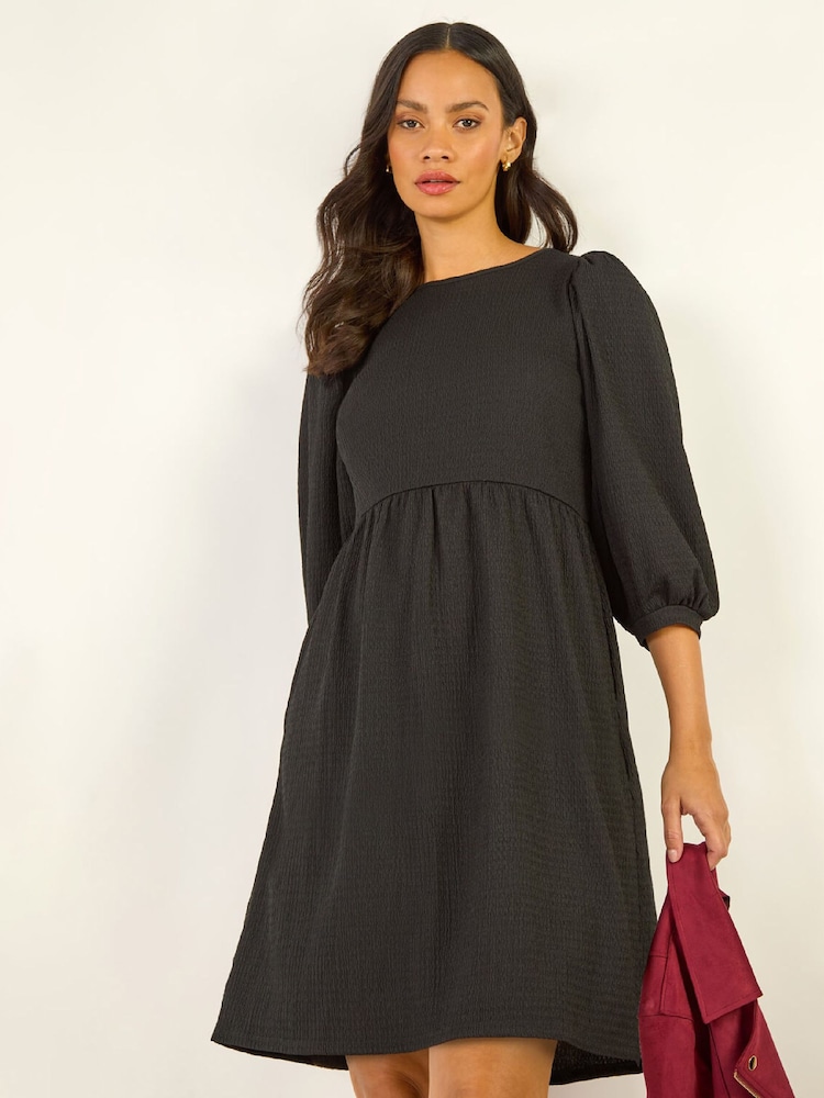 Roman Black Textured Blouson Puff Sleeve Dress - Image 1 of 5 Roman Black Textured Blouson Puff Sleeve Dress - Image 1 of 5