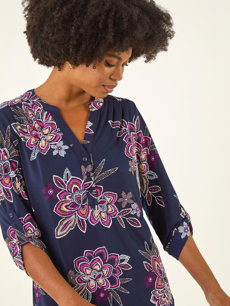 Roman Pink Floral Puff Print Stretch Shirt - Image 1 of 5 Roman Pink Floral Puff Print Stretch Shirt - Image 1 of 5