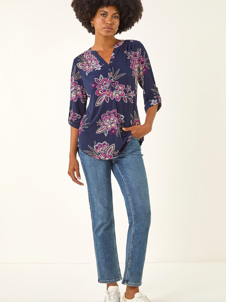 Roman Pink Floral Puff Print Stretch Shirt - Image 2 of 5 Roman Pink Floral Puff Print Stretch Shirt - Image 2 of 5