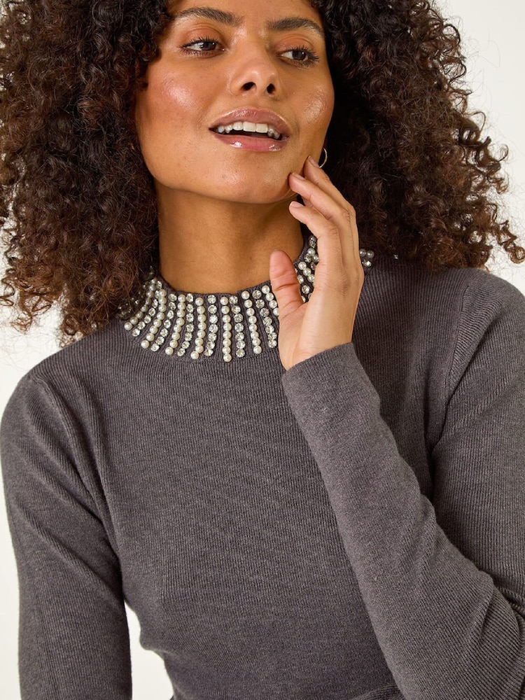 Roman Grey Embellished High Neck Jumper - Image 1 of 5 Roman Grey Embellished High Neck Jumper - Image 1 of 5
