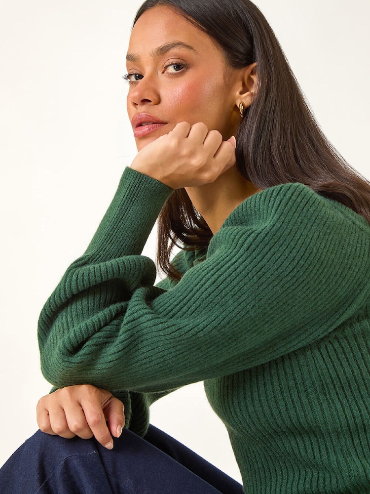 Roman Green Ribbed Blouson Knit Jumper - Image 1 of 5 Roman Green Ribbed Blouson Knit Jumper - Image 1 of 5