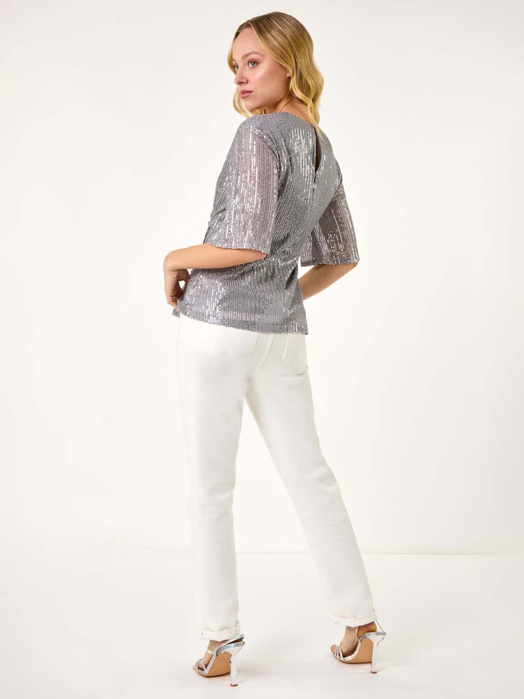 Roman Metallic Sequin Tie Front Blouse - Image 2 of 4 Roman Metallic Sequin Tie Front Blouse - Image 2 of 4