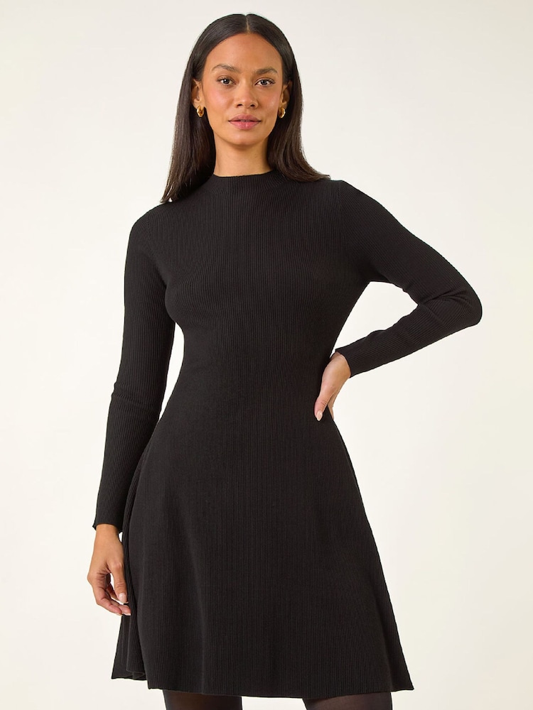 Roman Black Ribbed Skater Jumper Dress - Image 2 of 5 Roman Black Ribbed Skater Jumper Dress - Image 2 of 5