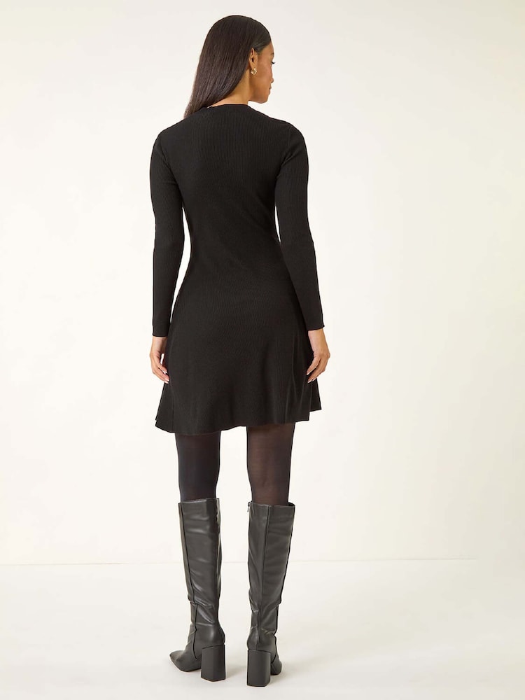 black ribbed skater dress Ribbed Knit Lace Up Back Pleated Skater Dress