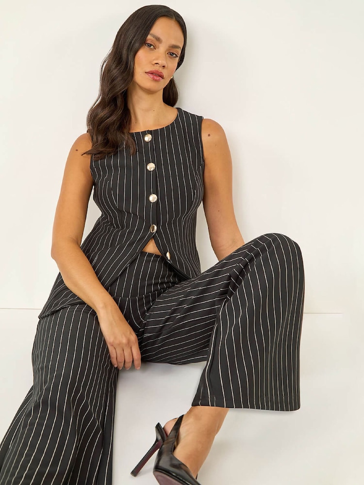 Roman Black Pinstripe Wide Leg Stretch Trousers - Image 1 of 5 Roman Black Pinstripe Wide Leg Stretch Trousers - Image 1 of 5